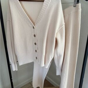 Free People Cream Knit Button-Front Cardigan and Pants Set
